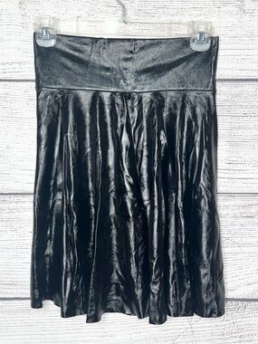 Black Shiny Wet Look Faux Leather Stretch A-Line Flared Skater Skirt Size Small